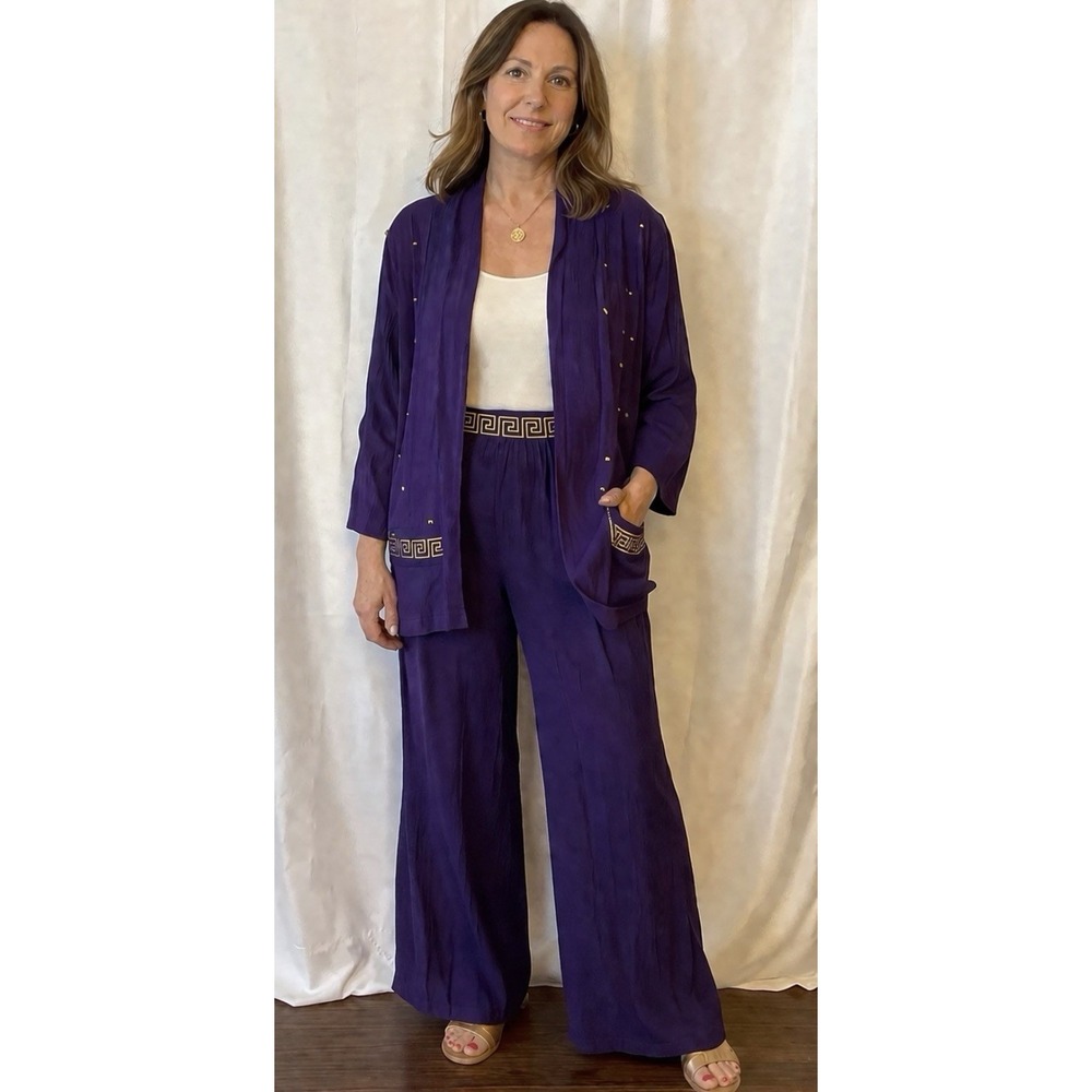 1980s Melrose Purple Indo Western Palazzo Set W Embroidered Gold Accents 12/14